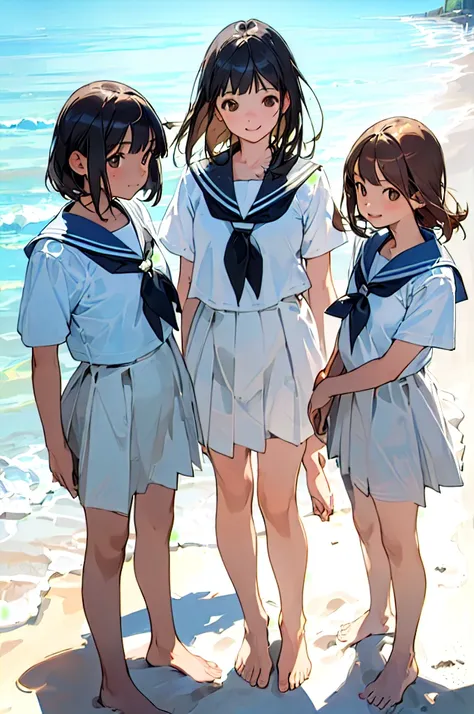 ((masterpiece, highest quality, realistic transparent water, three high school girls standing on the beach saying come here)), (...