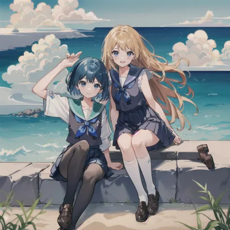 ((最high quality, 8k, masterpiece: 1.3, Ultra HD, high quality, 最high quality, High resolution, realism)) 、Two people、Two peopleの女子、Very beautiful 18 year old Japanese schoolgirl、Im wearing a sailor suit、Wearing a navy blue pleated skirt、Wear loafers、Her ha...