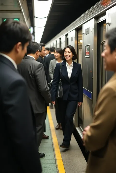 A large group of foreigners burst into laughter at a Japanese person getting on a train at a station