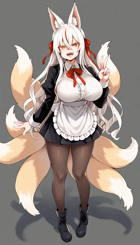 (score_9, score_8_up:1.1),score_7_up,zpdxl, 1girl, solo, tail, animal ears, long hair, maid dress, maid apron, pantyhose, fox ta...