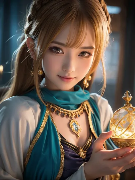 a detailed portrait of Minea the fortune teller from Dragon Quest IV, 1 japanese woman, beautiful detailed eyes, beautiful detailed lips, extremely detailed face and features, long eyelashes, smile,intricate cosplay, alchemist costume, holding a magical cr...