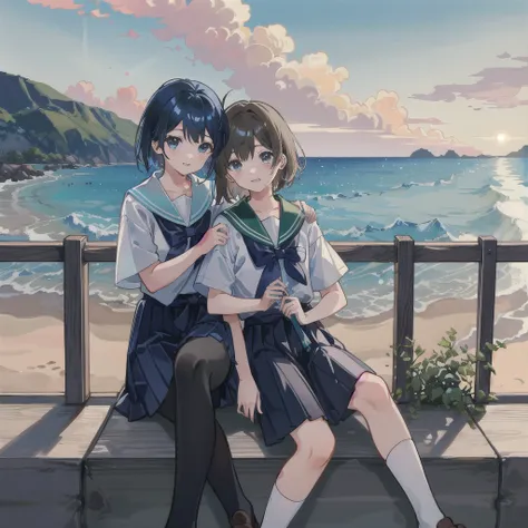 ((最high quality, 8k, masterpiece: 1.3, Ultra HD, high quality, 最high quality, High resolution, realism)) 、Two people、Two peopleの女子、Very beautiful 18 year old Japanese schoolgirl、Im wearing a sailor suit、Wearing a navy blue pleated skirt、Wear loafers、Her ha...