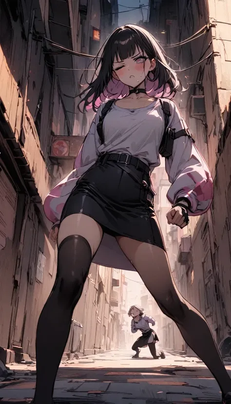 Dynamic composition,dutch angle,from below,from side,solo,170cm tall female, theatrical animation style, Power Rangers preformation heroine,{{Pink-based shirt:1.6}},BLACK　PENCIL SKIRT, BLACK SKIRT,Black pantyhose,{{small face:1.8}},{{Grit your teeth:1.4}},...