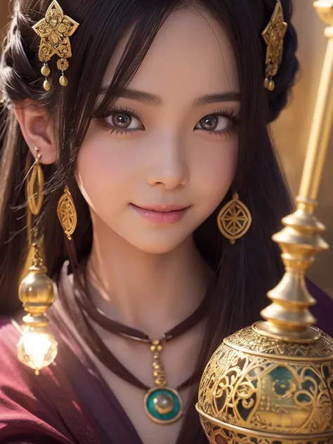 a detailed portrait of Minea the fortune teller from Dragon Quest IV, 1 japanese woman, beautiful detailed eyes, beautiful detailed lips, extremely detailed face and features, long eyelashes, smile,intricate cosplay, alchemist costume, holding a magical cr...