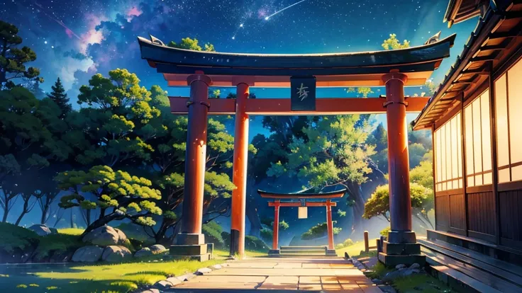 "a serene japanese scenery at dusk, featuring a rustic torii gate in aged wood, located in the middle of nature. the sky above i...