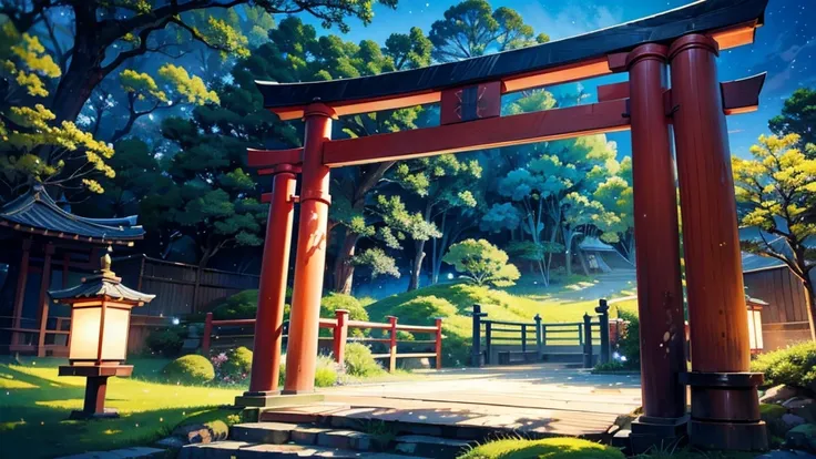 "a serene japanese scenery at dusk, featuring a rustic torii gate in aged wood, located in the middle of nature. the sky above i...