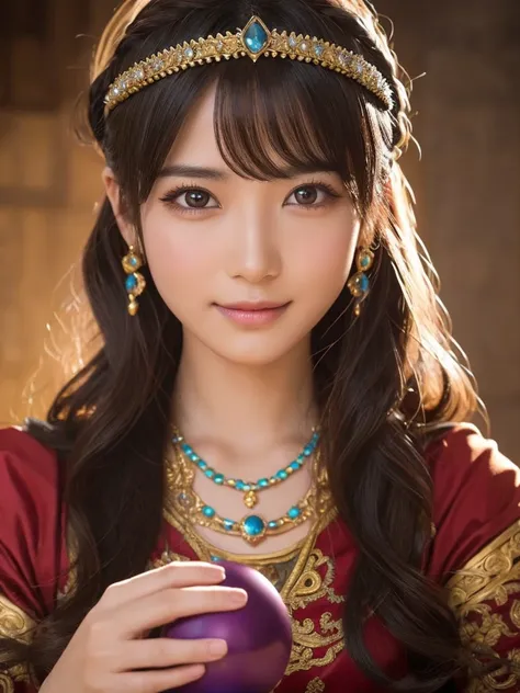 a detailed portrait of Minea the fortune teller from Dragon Quest IV, 1 japanese woman, beautiful detailed eyes, beautiful detailed lips, extremely detailed face and features, long eyelashes, smile,intricate cosplay, alchemist costume, holding a magical cr...