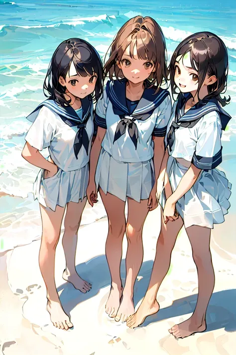 ((masterpiece, highest quality, realistic transparent water, three high school girls standing on the beach saying come here)), (...