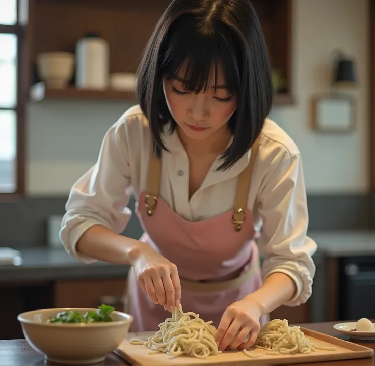 （Live-action, camera shot, staring at the photographer）This is the udon prefecture of Shikoku。A beautiful 18-year-old girl working part-time at a udon restaurant、In a white blouse and apron、Carrying freshly made udon noodles。Her hairstyle is a short-cut bo...