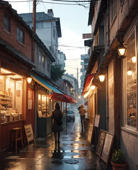 Photo of a cafe, wet street, buildings, busy street, cycle, garbage, nostalgia, ultra quality, hyper detailed,