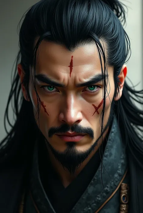 young boy, Cao Cao, stark, dark hair, scars, greeneyes, sem beard