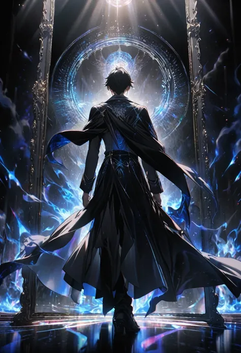 best quality, Super Fine, 16K, ridiculous, Extremely detailed, Delicate and dynamic, Multiple Translucency, Blue magic circleRed magic circle,Young male magician with his back to the audience，Black cape，Black gray smoke，Prism Effects, Mirror, and lighting,...