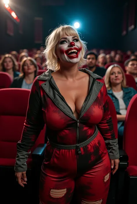 A woman with short blonde haire. She has an hourglass figure, massive breasts. ,Wide hips (implants), Prominent buttocks (implants). Shes fully clothed, not naked or topless. For the special horror night at the cinema, the female star decided to dress up a...