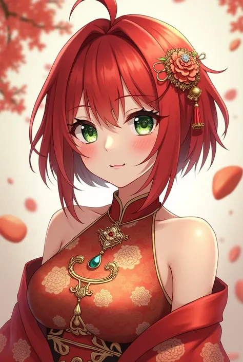 girl with short red hair with green eyes and jewelry and Chinese anime style clothing
