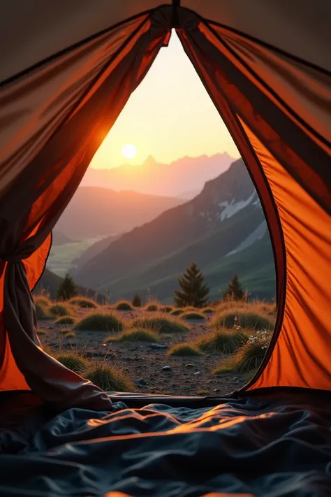 Create a very realistic image,from inside a camping tent,everything is straight static,it is closed