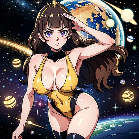 (1 girl), (solo), ((amanogawaki)), best quality, highres, high quality, 8k, HD, super detail, anatomically correct, UHD, accurate, (masterpiece:1.0), (high quality:1.0), (ultra detailed), (Planets on a Galaxy background), Purple Eyes, Looking At viewer, Se...