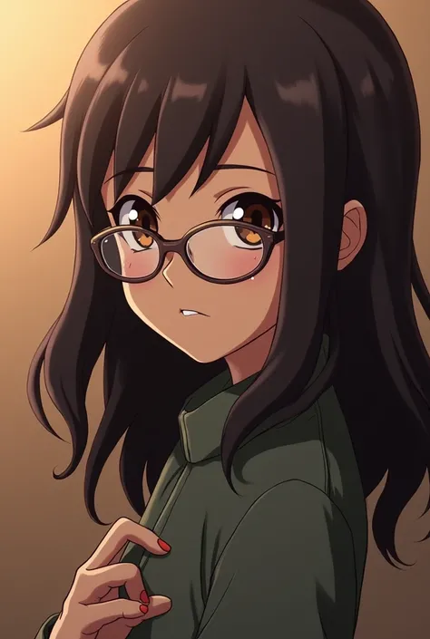 Dark brown haired girl,brown skin,glasses,Dark brown eyes and medium-long wavy straight hair in the Naruto universe