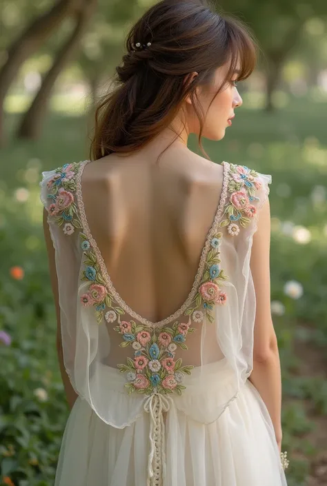 Sleeveless embroidered tulle vest blouse.