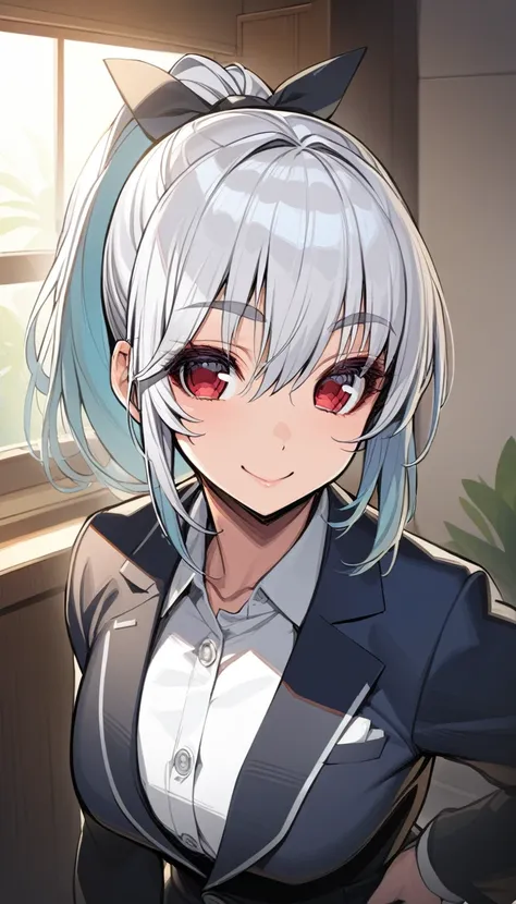 masterpiece, best quality, 1girl,red eyes,smile, room, ponytail,grey hair, portrait, best quality,hand on hip,  blazer, by tsuji...