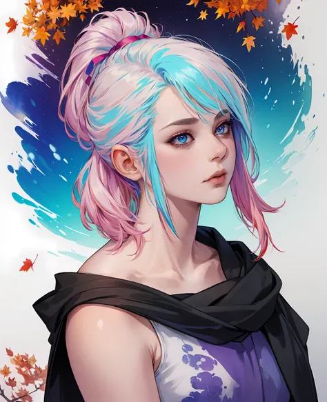 (8k, best quality, masterpiece:1.2),(best quality:1.0), (ultra highres:1.0), watercolor, a beautiful woman, shoulder, hair ribbons, by agnes cecile, half body portrait, extremely luminous bright design, pastel colors, (ink:1.3), autumn lights,