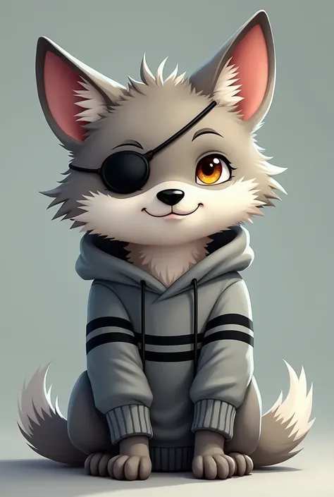 a little wolf with an eye patch and a grey sweater with black anime style stripes
