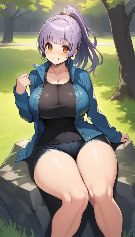 masterpiece, best quality, 1girl, solo, park, amber eyes, violet hair, blue jacket, open jacket, black tank top, jean shorts, se...