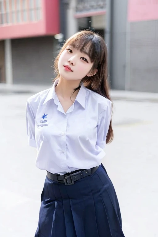 There was a woman sitting at a table with a laptop., wearing ชุดstudent, young woman wearing uniform, wearing a ชุดstudent, เด็กstudentน่ารัก, JK uniform, school girl, Thai anime girl, ของเด็กstudentหญิงกำลังโพสท่า, wearing japanese ชุดstudent, student, เด...