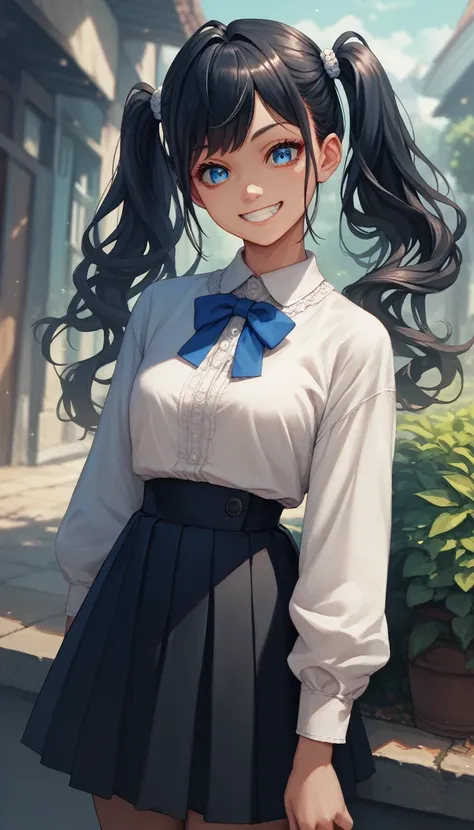 masterpiece, best quality, 1girl,blue eyes,twintails, black hair, white blouse ,best quality,  black skirt, grin,looking at viewer, by tsujisanta 