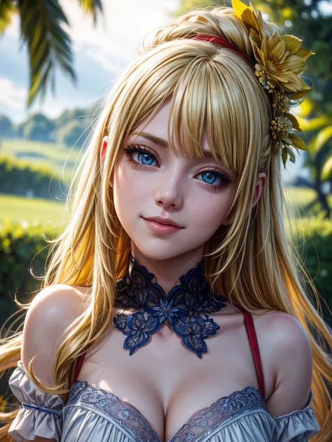 masterpiece, best quality, best quality, (Intricate detailed:1.2), beautiful eyes, 1girl, solo, outdoors, blue sky, cloudy, bokeh, lens flare, anamorphic lens flare, depth of field, seductive face, seductive smile, heanna_sumire, yellow hair, red headband,...