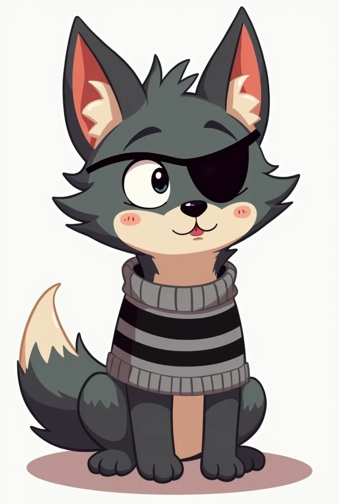 a little wolf with an eye patch and a grey sweater with black stripes in a cartoon style
