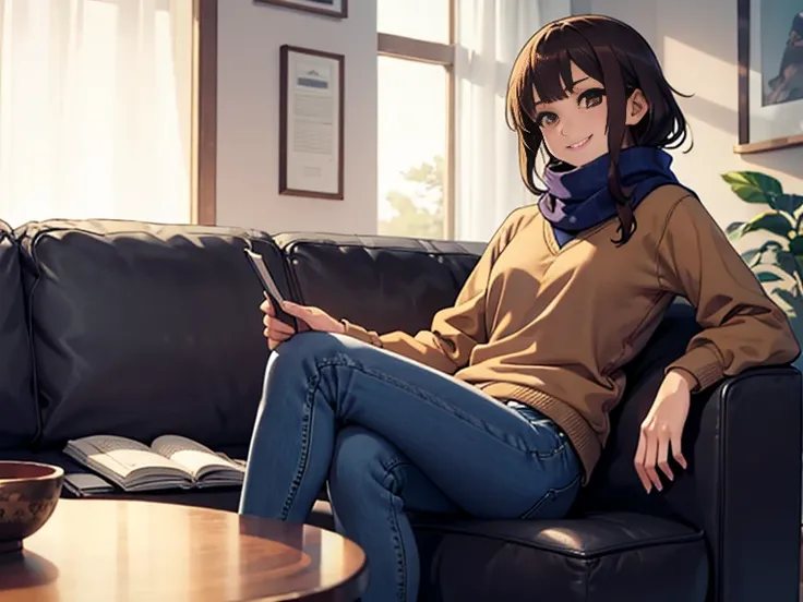 Bell, anime, Brown Hair, Medium chest, Brown eyes, A light smile, jeans, scarf, Grey sweatshirt, Blue pants, Sitting, Sitting cross-legged, Inside the smart home, Sitting on the couch, Shino Asada&#39;s Face, anime Sword Art Online, Highest quality