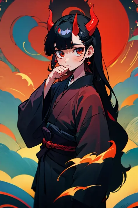 1boy,young,black kimono,red horns forehead,very long black hair with bangs
