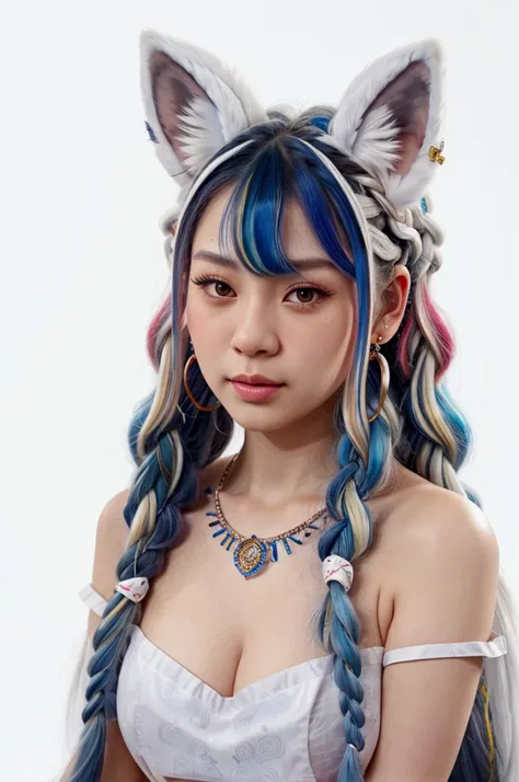 Masterpiece, Best Quality, High Resolution, (White Background: 1.4), [Glitter], [Looking at the Viewer, Portrait, 1 Sweet Chinese Girl], (Long Hair, Blue Hair, Wavy Curls, Multicolored Twisted Big Braid: 1.3, Furry Fox Ears, Air Bangs), White Off-the-Shoul...