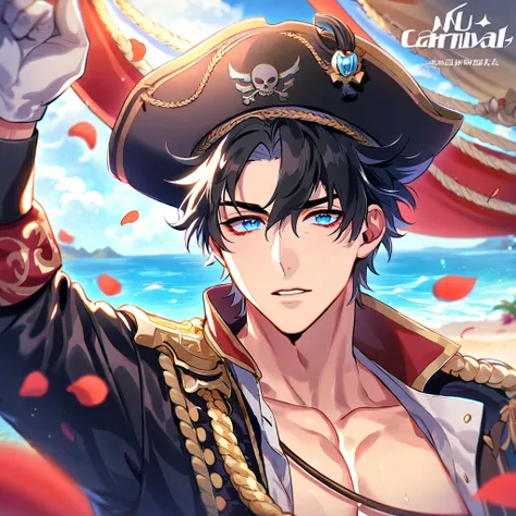 absurdres, highres, ultra detailed, HDR, master piece, best quality, perfect face, beautiful eyes, Wriothesley, black hair, expressive blue eyes, Genshin Impact, solo, sexy man, handsome, horny, lewd, pirate clothes, black hat, white gloves, accessories, s...