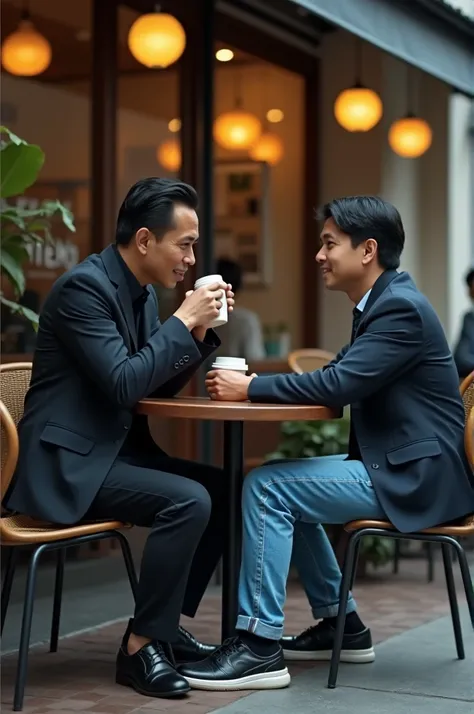 A man from Indonesia named Jokowi, thin body, neat black hair, clean face, wearing a black suit, wearing shiny black shoes, sitting with a 28 year old Indonesian man, neat short hair tilted to the right, clean face, wearing a jacket and blue jeans, wearing...