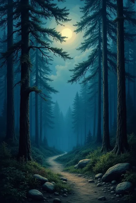 Night forest in old painting style