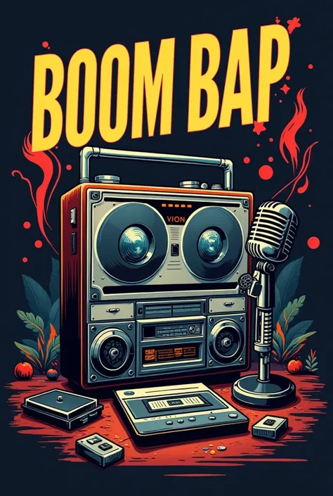 Retro tape recorder and microphones with the name Boom Bap in large urban logo style