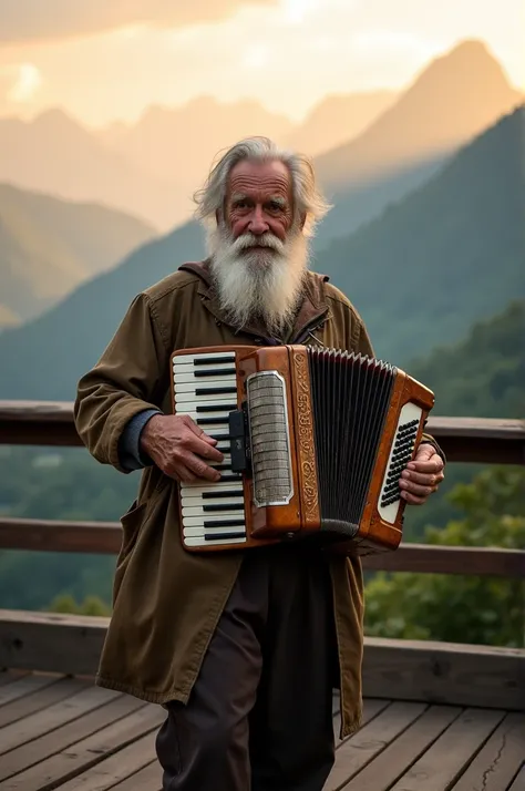 Accordionist with beard and white hair, with the scandalli brand accordion, facing the sunset on a deck, overlooking green mountains 