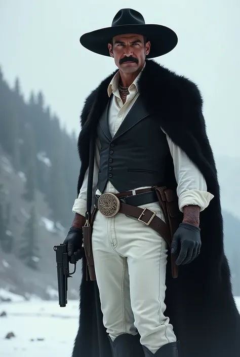 Show me a legendary gunslinger with a black Mexican hat, a mustache, with a white shirt, a black vest closed over the shirt, a black panther skin covering his shoulders and part of his back, white denim pants, black cowboy boots on her feet, with a black b...