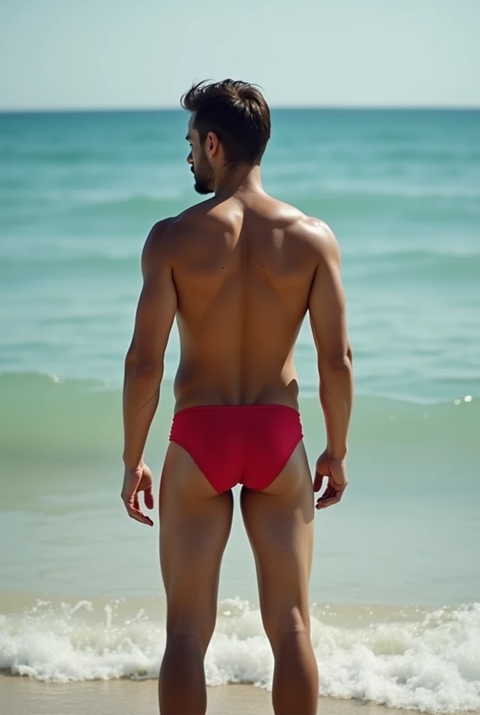 Young man in small speedo from behind