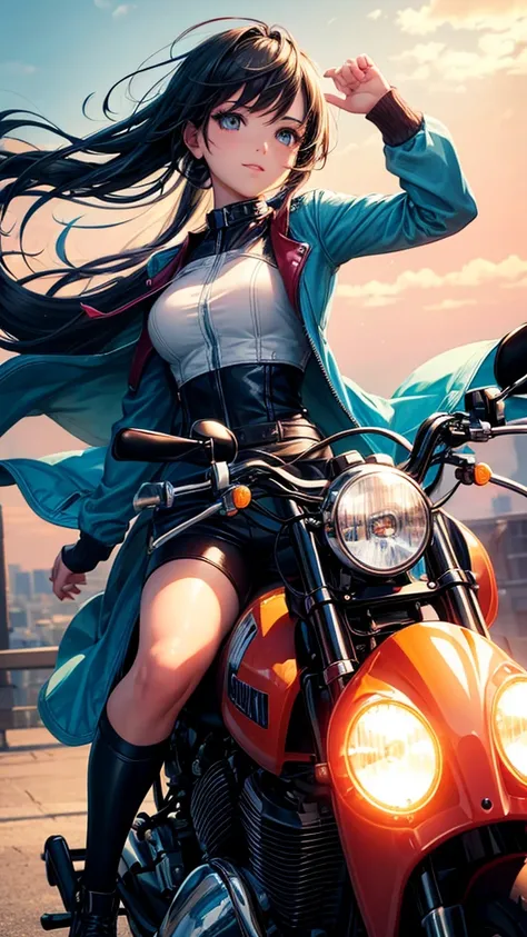 A beautiful girl on a motorcycle, very detailled, with vibrant colors and hair flying in the wind, with several lights 