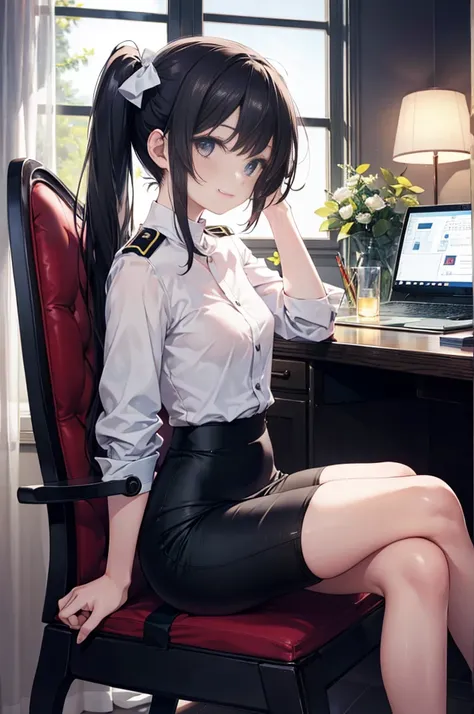 (masterpiece), 4K,woman,have,Long-sleeved military uniform,Small breasts,Small Ass,Twin tails,Light bulb lighting,Realistic, skinny, garter belt,smile,Sit in a luxurious chair,((Knee-length pencil skirt)),,Computer input