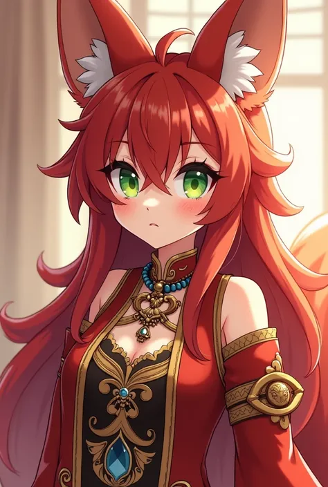 fox girl with red fur and green eyes with jewelry and Chinese anime style clothing

