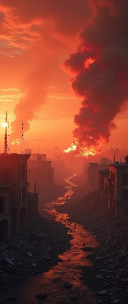 An empty, devastated landscape under a crimson sky. Massive explosions erupt in the distance, with thick smoke and fire spreading across the scene. Collapsed buildings lay in ruins, surrounded by debris and craters from recent bombings, while the air is th...