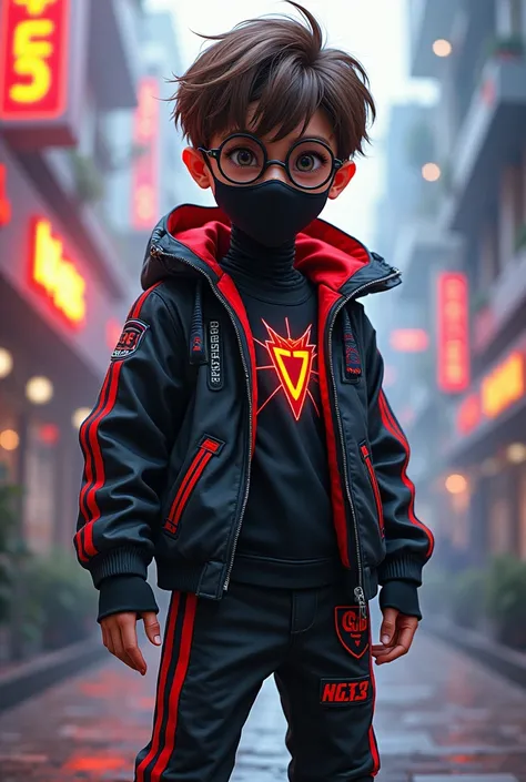 A brown-haired boy with round dark glasses wearing a black jacket with red stripes and other details,as well as using a black mask , wear black pants with red stripes and finally wear a pair of robotic boots and be lively and a gamer logo