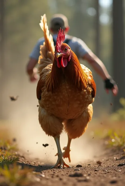 man running after a chicken