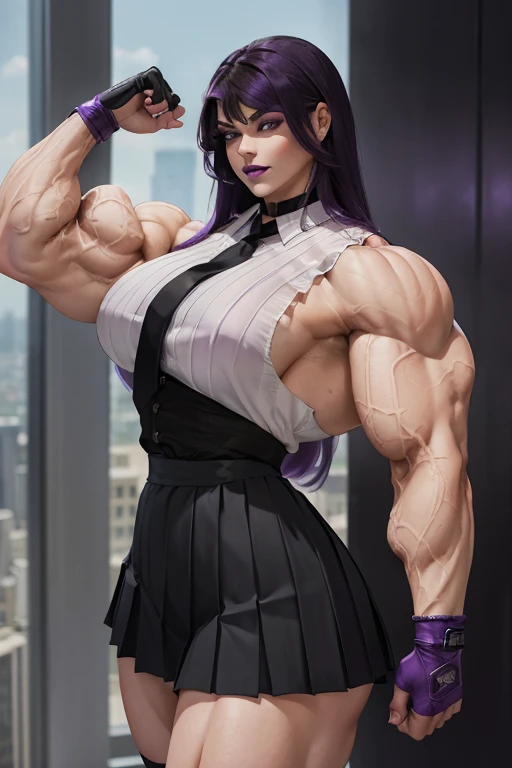 ((Close-up)), tall, (violet purple hair) beautiful muscular woman, long hair with long bangs, pale white skinned, closed smile, (black lipstick), (massive muscles), (hyper muscle), (ginormous bulky muscles), black eyes, (((sleeveless violet pleated shirt))...