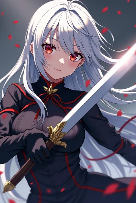 anime main character, white and black hair, sword, glory