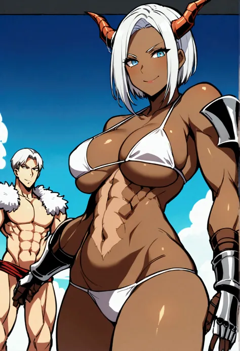 Helga、One Girl、chest、One person、ax、arms、horn、Dark Skin、Dark Skinの女性、scar、short hair、Tattoo、Gauntlet、White Hair、Muscular、Muscularの女性、Big Breasts、Abdominal muscles、Staring at the audience、smile、Fur decoration、Black Micro Bikini、belly button、Beach、