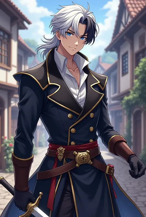 male anime main character, half white hair and half black hair, sword, glory, european village